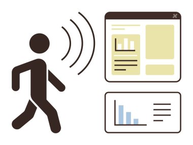Person emitting wireless signal connected to digital interfaces displaying charts, graphs, and analytics. Ideal for tech innovation, remote communication, data sharing, IoT, networking, tracking