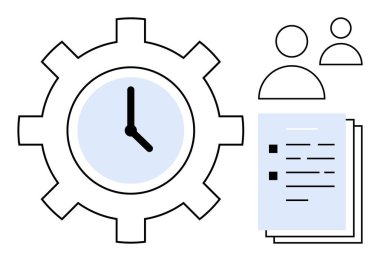 Gear with clock symbolizes productivity documents and user icons represent teamwork and organization. Ideal for time management, efficiency, collaboration, workflow, scheduling, productivity, simple