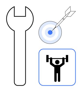 Wrench symbol, bullseye target with dart, and figure weightlifting. Ideal for productivity, effort, teamwork, goal setting, strategy, problem-solving and focus in a simple flat metaphor