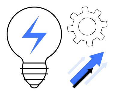 Lightbulb with a lightning bolt, gear icon, and upward arrows representing ideas, energy, innovation, teamwork, progress, strategy and growth. Ideal for business creativity and technology visuals