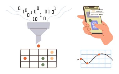 Funnel filtering binary code into structured data, mobile phone receiving OTP, and charts visualizing trends. Ideal for data analysis, AI, cybersecurity, authentication, machine learning, technology