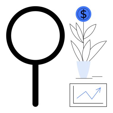 Magnifying glass examining a money-growing plant alongside a graph showing upward growth. Ideal for investment, financial planning, market analysis, business strategy, growth tracking, research
