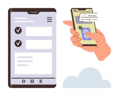 Smartphone displaying checklist and authentication code, hand scanning fingerprint for access confirmation. Ideal for security, technology, authentication, verification, privacy, mobile apps, data