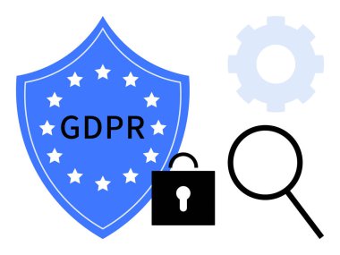 Blue shield with GDPR text, lock symbol, magnifying glass, and gear wheel. Ideal for data protection, privacy policy, digital security, legal compliance, law regulation technology simple flat