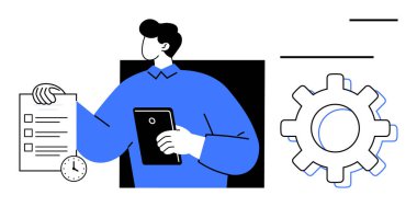 Male figure with checklist, tablet, gear, and clock portrays task management, time efficiency, productivity, planning, workflow teamwork and organization. Ideal for workflow team collaboration