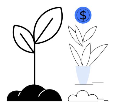 Growing plant sprout in soil and potted plant with dollar sign bloom. Ideal for business growth, sustainability, investment, eco-friendliness, financial success, innovation, startup potential. Simple