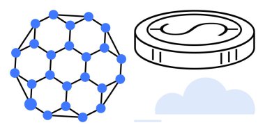 Sphere of interconnected nodes, coin with dollar mark, and cloud element symbolize blockchain, cryptocurrency, decentralized finance, digital economy, technology innovation, futuristic economy