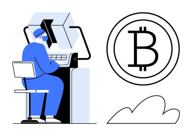 Individual operating computer for cryptocurrency mining next to Bitcoin icon and cloud element. Ideal for finance, technology, blockchain, cryptocurrency, innovation, digital economy, and cloud