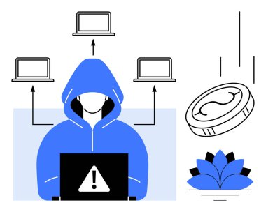 Hooded figure with laptop surrounded by arrows to multiple devices and digital coin reflecting financial technology risks. Ideal for cybersecurity, hacking, technology, fintech, data security