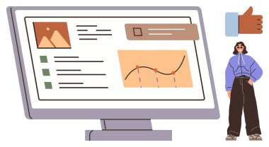 Desktop screen displays data charts, growth graph, and content outline. Woman stands nearby with thumbs up icon. Ideal for analytics, reporting, design, social media, teamwork discussion simple