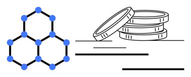 Blockchain network with hexagonal nodes and stacked coins representing decentralized finance. Ideal for technology, cryptocurrency, fintech, connectivity, investment, innovation, simple flat metaphor