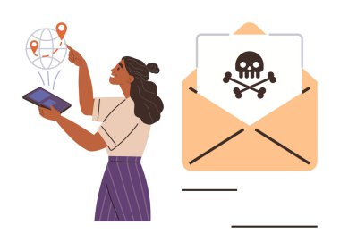 Woman using tablet with map and location icons analyzes cybersecurity risk. Open envelope reveals malware warning. Ideal for cybercrime, phishing, data security, technology, digital safety, privacy