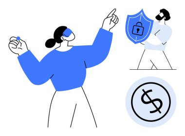 Person using advanced tech gestures, shield with padlock symbolizing security, and dollar coin. Ideal for finance, technology, cybersecurity, data privacy, digital currency, financial safety