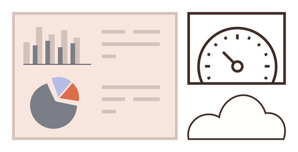 Bar chart, pie chart, speedometer, and cloud graphic convey data analysis, performance tracking, and cloud computing. Ideal for reports, analytics, performance business metrics strategy simple