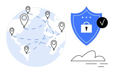 Globe with location markers connected by dotted lines, blue shield with lock and checkmark, abstract cloud. Ideal for security, data privacy, global connectivity, cloud storage, online safety