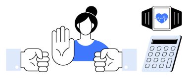 Woman raising hand in a stop gesture, smartwatch with heart rate display, and a calculator. Ideal for health awareness, time management, decision-making, wellness, fitness, boundaries