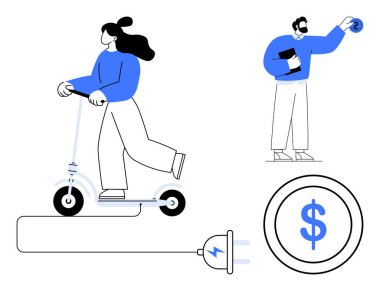Woman riding electric scooter connected to charging plug, man holding coin, and dollar sign. Ideal for eco-transportation, energy savings, cost-efficiency, urban lifestyle, green innovation, modern