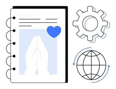Notebook featuring prayer hands with a heart, gear icon, and rotating globe. Ideal for spirituality, global outreach, innovation, teamwork, kindness connection and progress. Simple flat metaphor