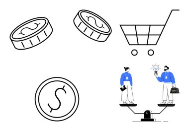 Stacked coins, shopping cart, and two individuals on a balance scale emphasizing finance, shopping, teamwork, and innovation. Ideal for business, cost management, trade-off analysis decision-making
