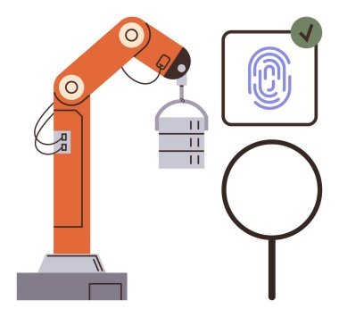 Robotic arm lifting a server, fingerprint authentication icon with a checkmark, and a magnifying glass emphasize technology, automation, cybersecurity, data handling, identity verification
