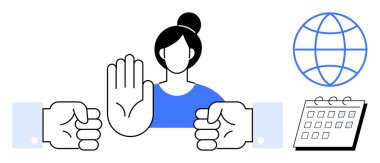 Woman raising hand in stop gesture amidst two opposing fists, with globe and calendar suggesting global cooperation, negotiation, peacekeeping, boundaries, diplomacy, deadlines, conflict resolution