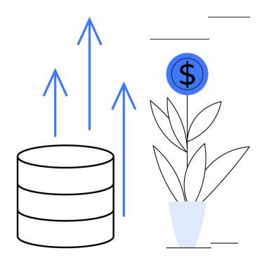 Stack of data disks with upward arrows beside a dollar sign plant in a pot. Ideal for business growth, finance, investment, analytics, data management, economic success, digital transformation
