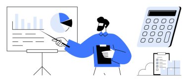 Man explaining charts on screen with pointer, holding clipboard. Charts, calculator, and documents suggest analytics, strategy, and decision-making. Ideal for business, finance management