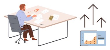 Man studying papers at large desk with books, papers, growth chart, and upward arrows symbolizing success. Ideal for business strategy, analysis, progress, career growth, data entrepreneurship