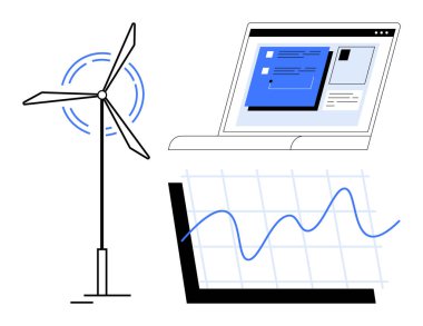 Wind turbine, laptop displaying data interface, line graph with trend analysis. Ideal for renewable energy, sustainability, technology, data visualization, analytics environment efficiency. Simple