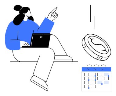 Woman working on a laptop, pointing upward. Depicted with a coin and calendar. Ideal for finance, planning, time management, productivity, investment goal setting business tools. Simple flat