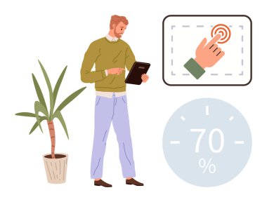 Man checking progress on a tablet with a touch interface icon and a 70 progress visualization. Ideal for technology, productivity, analytics, business, digital tools, user interface, and goal