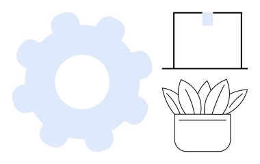 Gearwheel symbolizing productivity, box highlighting storage or organization, and potted plant representing sustainability. Ideal for teamwork, innovation, growth, organization, simplicity