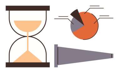 Hourglass symbolizing time, pie chart showcasing data breakdown, funnel indicating process stages. Ideal for analytics, time management, decision-making, process efficiency, strategy, business