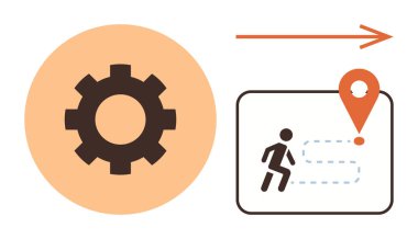 Gear symbolizes process runner traced path toward location pin denoting goals. Ideal for workflow, improvement, progress, planning, efficiency, motivation, business operations. Simple flat metaphor