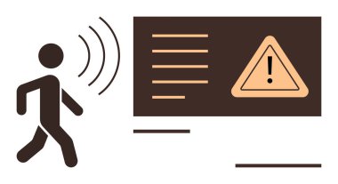 Person walking near warning sign with sound waves indicating alert. Ideal for safety, caution, technology, detection, alerting, awareness, and hazard prevention. Simplistic flat metaphor