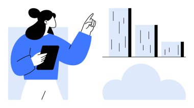 Woman holding tablet and pointing at vertical bar chart, symbolizing data analysis, teamwork, technology. Ideal for education, presentations, reports, cloud computing, business planning and growth