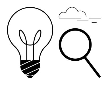 Lightbulb representing ideas, magnifying glass for search or discovery, and cloud denoting clarity or creativity. Ideal for innovation, creativity, exploration, research, solutions, imagination