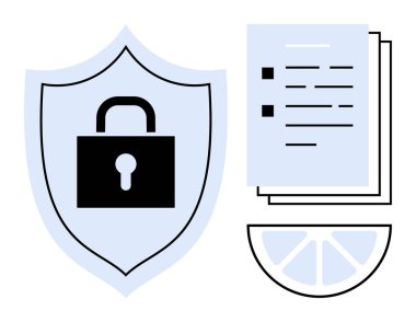 Lock on shield next to documents and pie chart representing data security, confidentiality, and analysis. Ideal for cybersecurity, privacy, encryption, compliance, corporate safety, protection