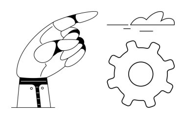Robotic hand pointing toward cloud and gear. Ideal for technology, automation, innovation, cloud computing, robotics, artificial intelligence, and teamwork in tech. Clean simple flat metaphor
