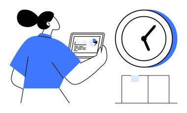 Person holding tablet with data chart, large clock nearby, representing time management, productivity, and organization. Ideal for business, planning, strategy, teamwork efficiency deadlines