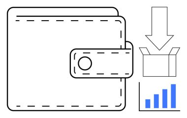 Closed wallet, downward arrow pointing to an open box, and bar graph highlighting financial management, data transfer, growth, savings, e-commerce, budgeting and online transactions. A clean simple