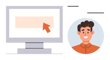 Masaüstü monitörünün yanında turuncu imleci ile gülümseyen adam portresi. Teknoloji, iletişim, kullanıcı arayüzü, web geliştirme, çevrimiçi etkileşim, sosyal medya ve dijital pazarlama için ideal
