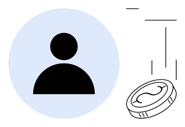 Minimalistic profile avatar in blue circle beside falling coin with currency sign, suggesting economy, banking, payments, personal finance, crowdfunding, money management, online transactions. Ideal
