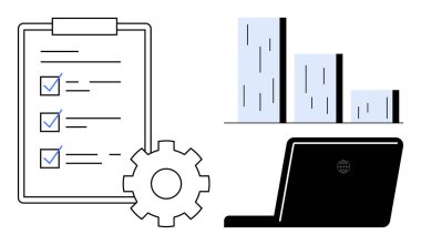 Checklist with checked items, gear symbolizing workflow, laptop, and bar graph for tracking progress. Ideal for productivity, workflow, data analysis, management business strategy planning. Simple
