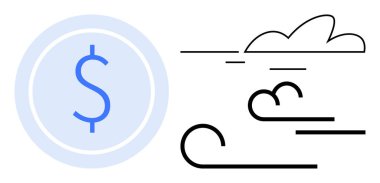 Dollar sign in a circle paired with abstract wind and cloud strokes. Ideal for finance, economy, investment, volatility, money flow, risk, opportunity, simple flat metaphor