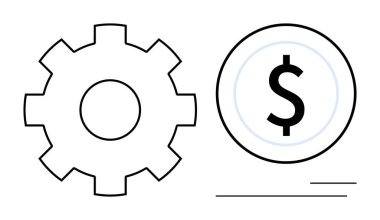 Gear symbolizing efficiency beside coin with dollar sign reflecting financial matters. Ideal for business, productivity, investment, planning, operations, innovation, management. Simple flat metaphor