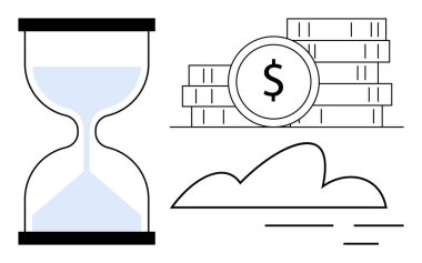 Hourglass, coin stack with dollar sign, and abstract cloud lines. Ideal for time value, investment, productivity, finance, savings planning efficiency. Simple flat metaphor