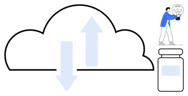 Cloud with arrows signifying data transfer, human holding lightbulb symbolizing innovation, and jar representing storage. Ideal for technology, data management, innovation, cloud storage, digital