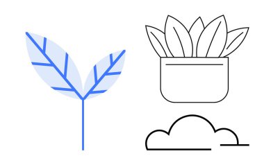 Simple leaf with geometric lines and potted plant outline paired with a cloud shape. Ideal for nature, gardening, sustainability, minimalism, eco-concepts, environmental themes, simple flat metaphor