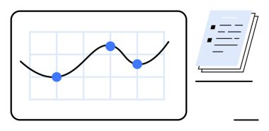 Chart with curved line and data points on grid alongside stacked sheets of paper. Ideal for data analysis, reporting, business growth, financial planning, strategy, documentation, simple flat